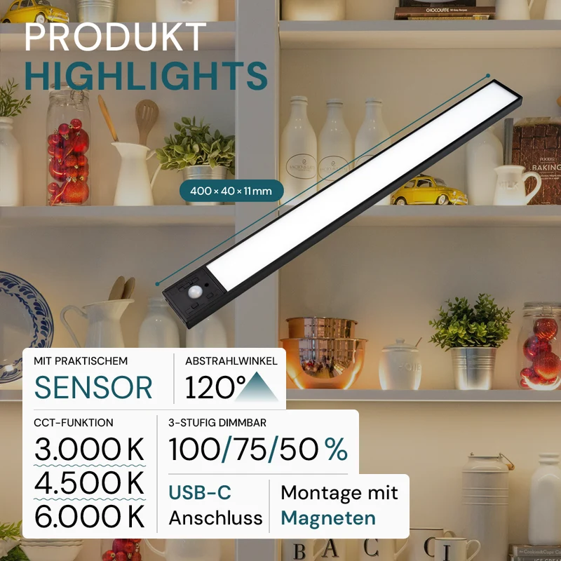 LED Schrankbeleuchtung mit Bewegungsmelder, schwarz, 40 cm, dimmbar, einstellbare Lichtfarbe, USB-aufladbar, einfache Befestigung, Unterbauleuchte
