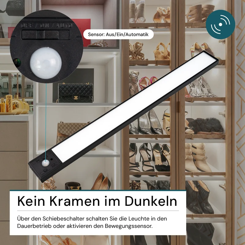 LED Schrankbeleuchtung mit Bewegungsmelder, schwarz, 40 cm, dimmbar, einstellbare Lichtfarbe, USB-aufladbar, einfache Befestigung, Unterbauleuchte