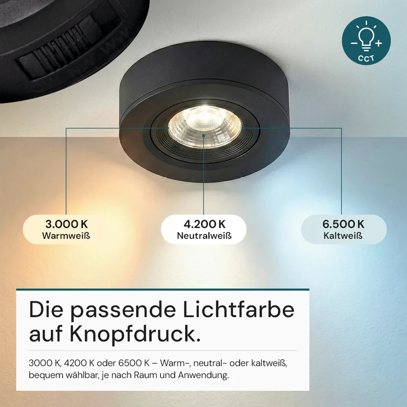 LED CCT Downlight, Ein- und Aufbaustrahler, schwenkbar, in Schwarz, 5 W, 500 lm, 38°, 3000K-6500K einstellbar