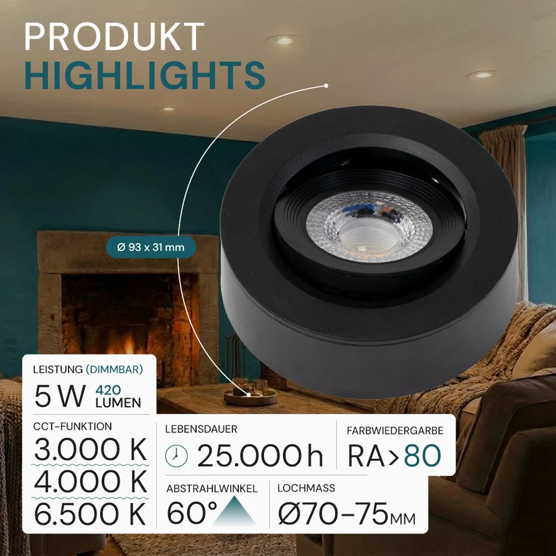 LED CCT Downlight, Ein- und Aufbaustrahler, schwenkbar, in Schwarz, dimmbar, 5 W, 420 lm, 60°, 3000K-4000K-6500K einstellbar