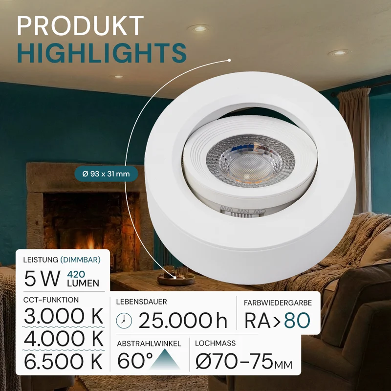 LED CCT Downlight, Ein- und Aufbaustrahler, schwenkbar, in Weiß, dimmbar, 5 W, 420 lm, 60°, 3000K-4000K-6500K einstellbar