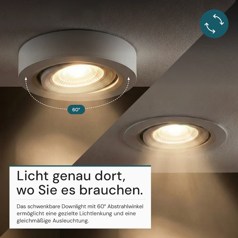 LED CCT Downlight, Ein- und Aufbaustrahler, schwenkbar, in Weiß, dimmbar, 5 W, 420 lm, 60°, 3000K-4000K-6500K einstellbar