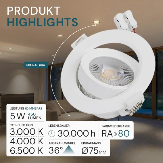 LED CCT Downlight, dimmbar, schwenkbar, in Weiß, 5 W, 450 lm, 3000 - 6500 K (einstellbar), 38°, Einbaustrahler