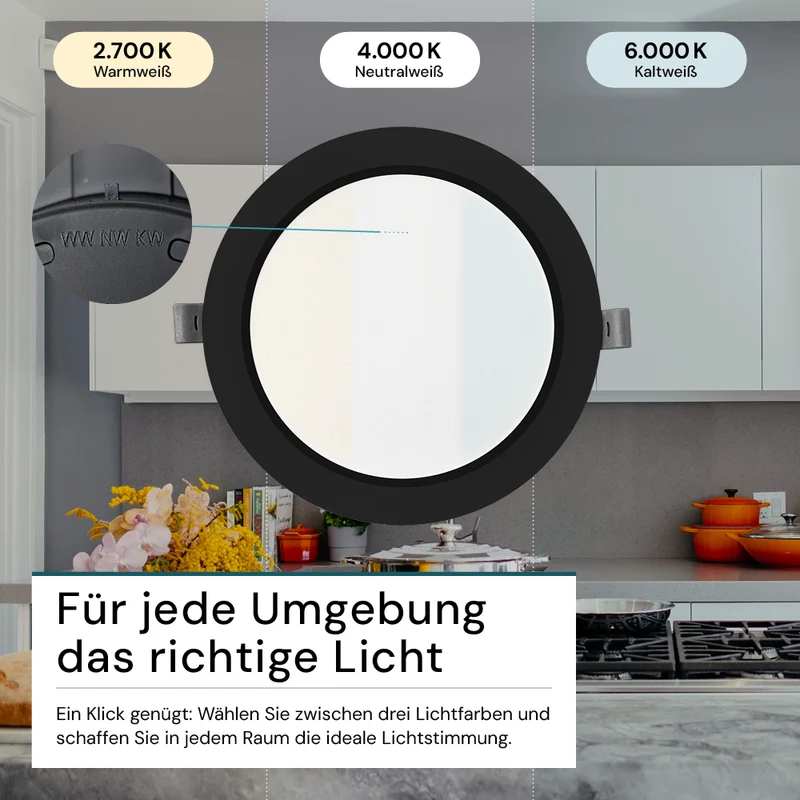 LED Einbauleuchte in Schwarz, 12 W, 230 V, IP44-geschützt, 1200 lm, Lichtfarbe einstellbar, Ø173x26 mm, Einbaustrahler mit Diffusor, Badezimmer Deckenleuchte