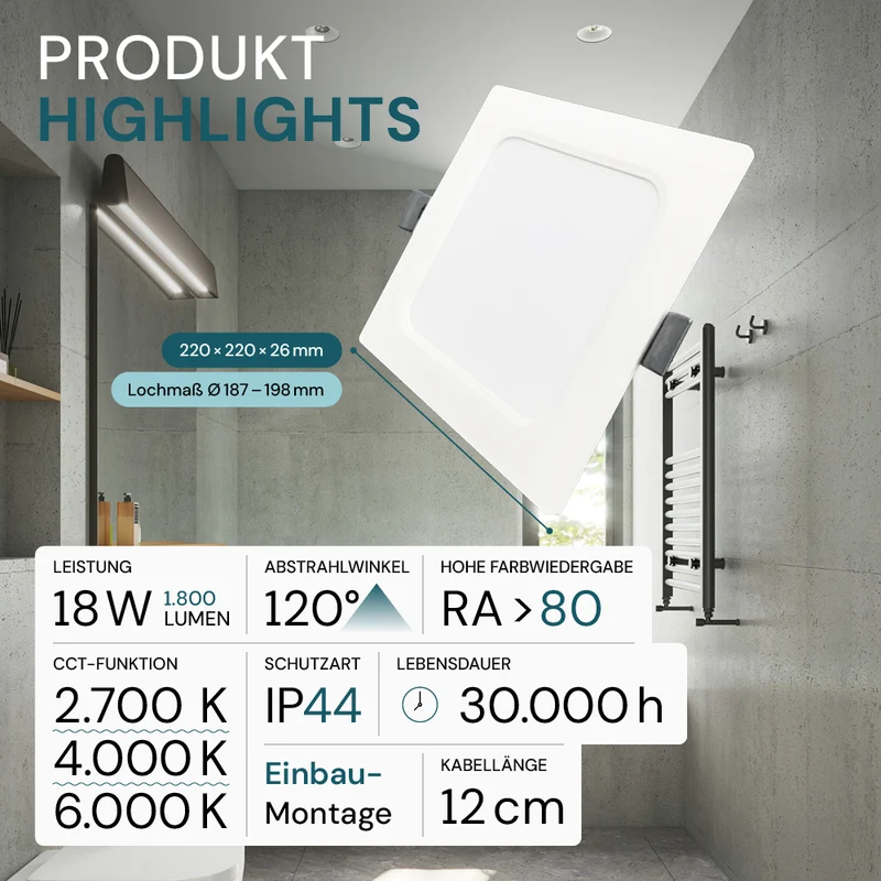 LED Einbauleuchte in Weiß, 18 W, 230 V, IP44-geschützt, 1800 lm, Lichtfarbe einstellbar, 220x26 mm, Einbaustrahler mit Diffusor, Badezimmer Deckenleuchte