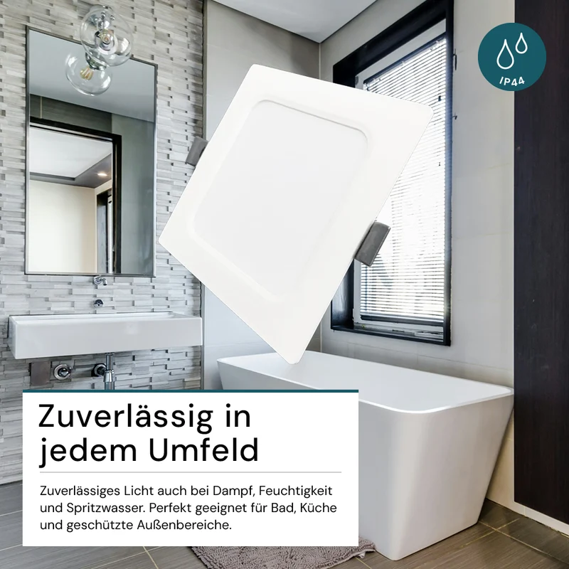 LED Einbauleuchte in Weiß, 12 W, 230 V, IP44-geschützt, 1200 lm, Lichtfarbe einstellbar, 173x26 mm, Einbaustrahler mit Diffusor, Badezimmer Deckenleuchte