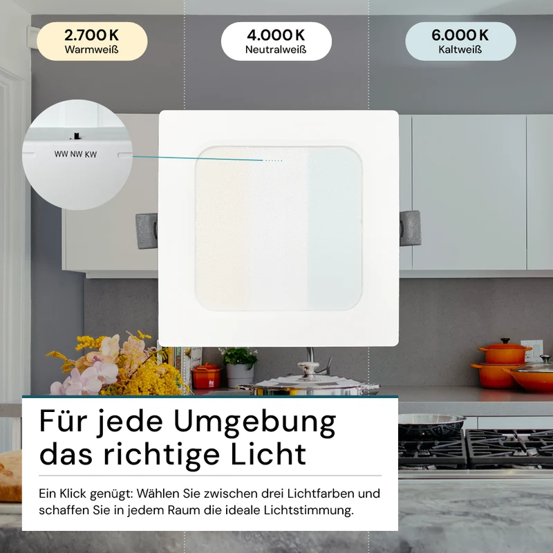 LED Einbauleuchte in Weiß, 6 W, 230 V, IP44-geschützt, 600 lm, Lichtfarbe einstellbar, 119x26 mm, Einbaustrahler mit Diffusor, Badezimmer Deckenleuchte