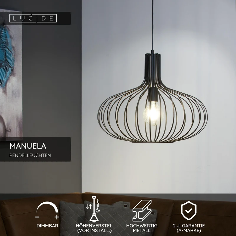 Pendelleuchte Manuela 1-flammig dimmbar Schwarz 50cm