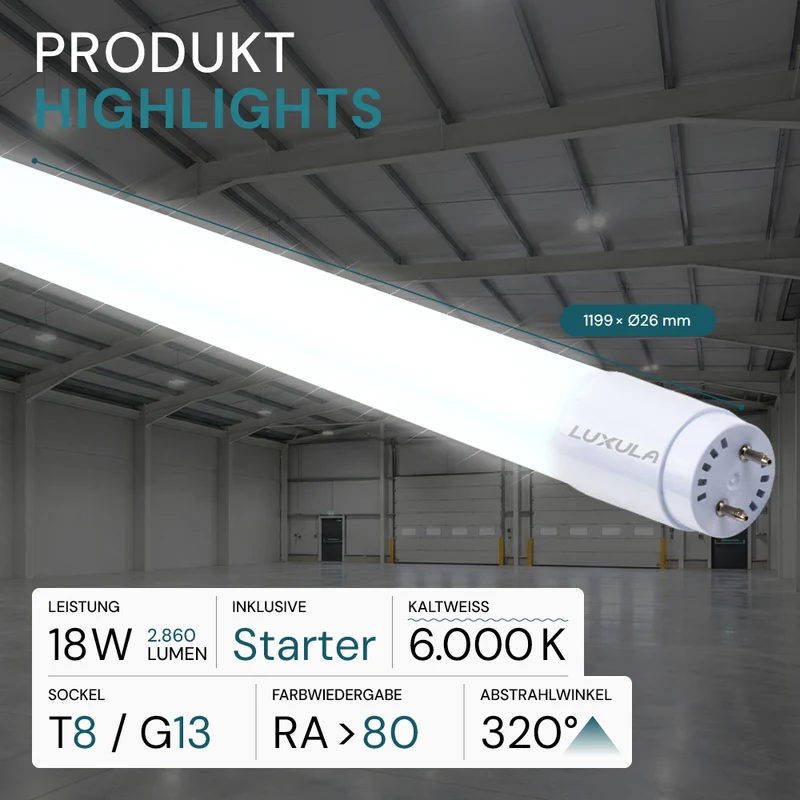 LED T8 Röhre, 120 cm, 160 lm/W, 18 W, 2860 lm, 6000 K (kaltweiß), mit Brücke, hohe Energieeffizienz