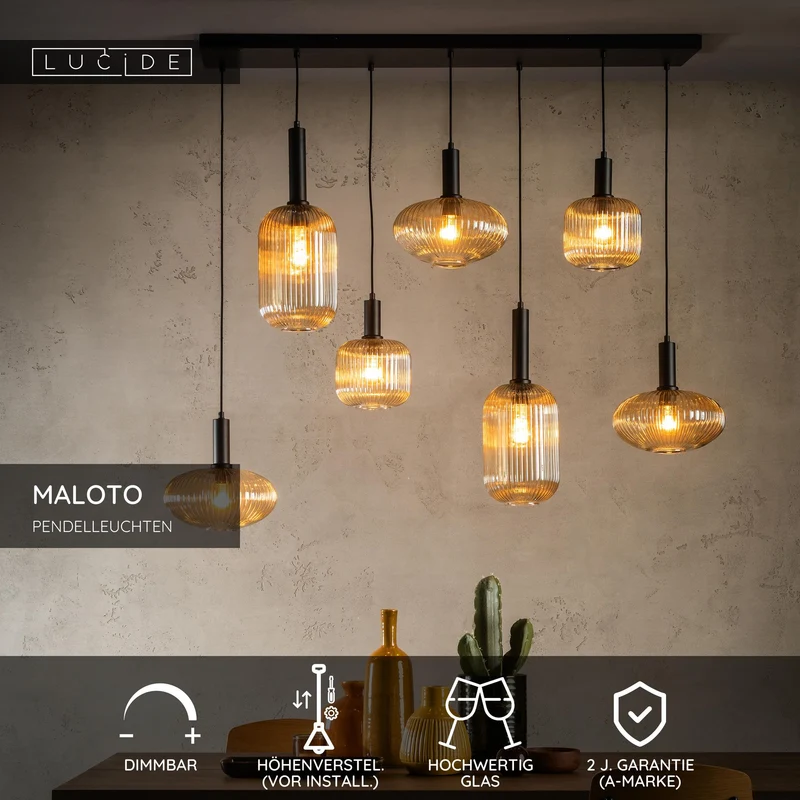 Pendelleuchte Maloto 7-flammig Retro mit Glasschirm