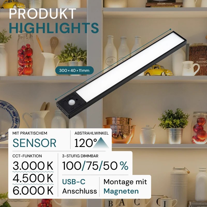 LED Schrankbeleuchtung mit Bewegungsmelder, schwarz, 30 cm, dimmbar, einstellbare Lichtfarbe, USB-aufladbar, einfache Befestigung, Unterbauleuchte