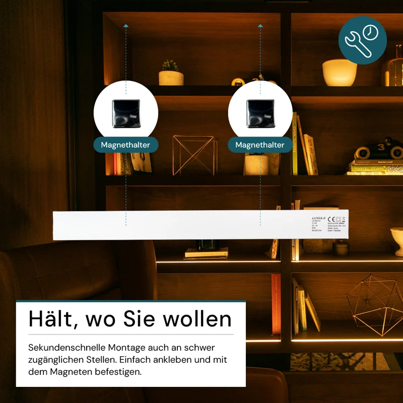LED Schrankbeleuchtung mit Bewegungsmelder, Silberton, 60 cm, dimmbar, einstellbare Lichtfarbe, USB-aufladbar, einfache Befestigung, Unterbauleuchte