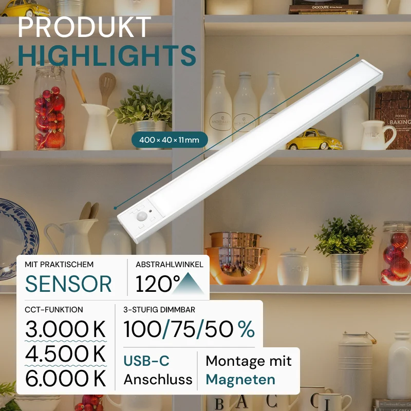 LED Schrankbeleuchtung mit Bewegungsmelder, Silberton, 40 cm, dimmbar, einstellbare Lichtfarbe, USB-aufladbar, einfache Befestigung, Unterbauleuchte