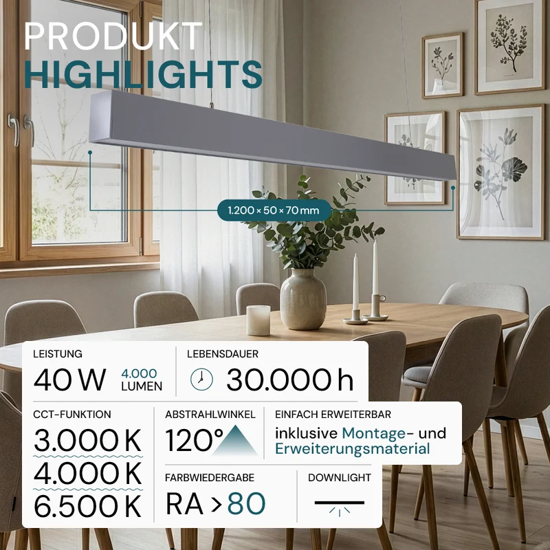 LED Büro-/Tresenleuchte, in Grau, 120 cm, 40 W, 4000 lm, 3000-6500 K (CCT), LIFUD Netzteil, erweiterbar, Aluminium