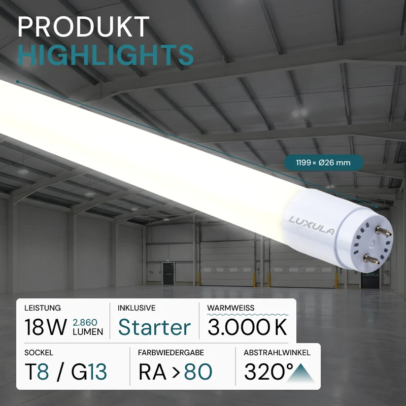 LED T8 Röhre, 120 cm, 160 lm/W, 18 W, 2860 lm, 3000 K (warmweiß), mit Brücke, hohe Energieeffizienz
