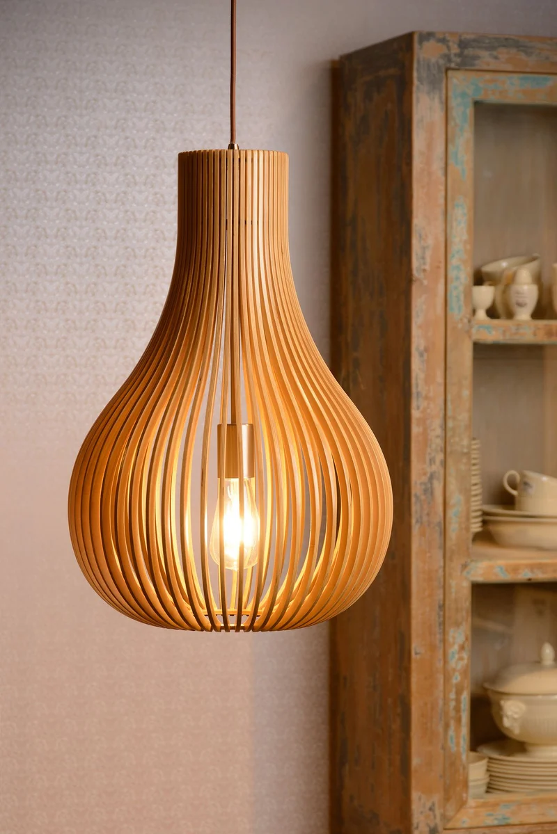 Pendelleuchte Bodo 1-flammig Holzschirm Natur 38cm