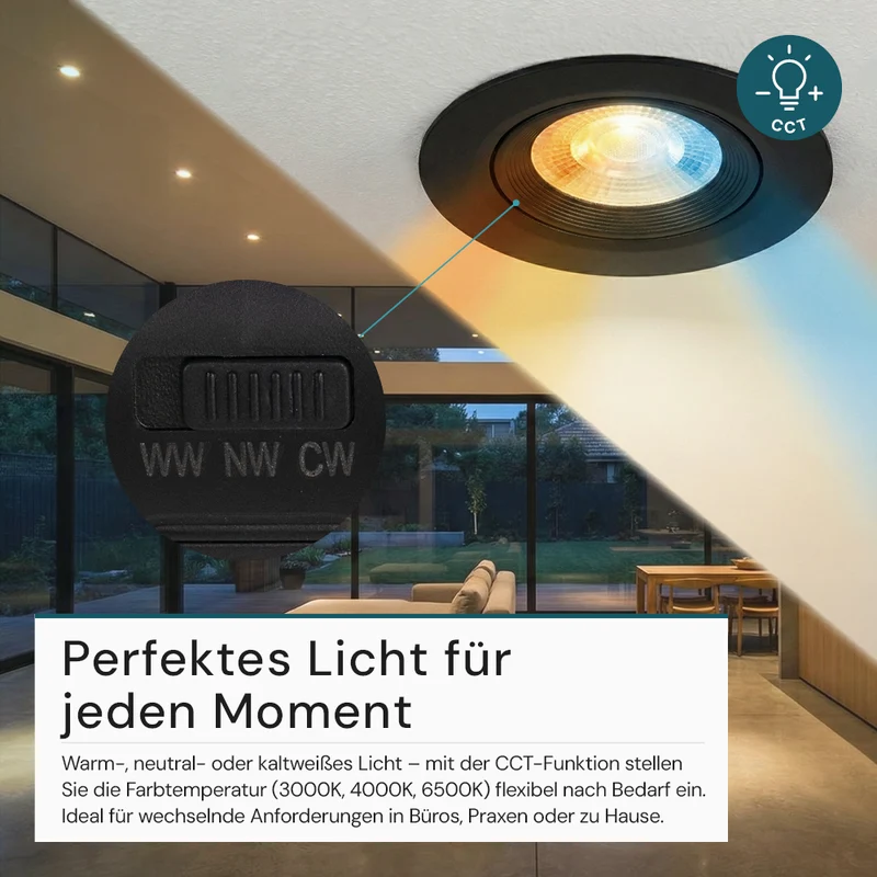 LED CCT Downlight, dimmbar, schwenkbar, in Schwarz, 5 W, 450 lm, 3000 - 6500 K (einstellbar), 38°, Einbaustrahler