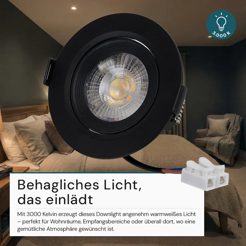 LED Downlight, schwenkbar, in Schwarz, 7 W, 600 lm, 3000 K (warmweiß), 38°, Einbaustrahler
