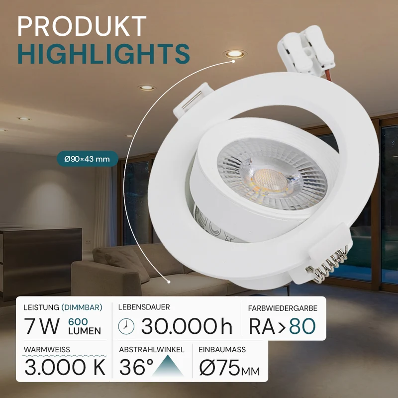 LED Downlight, schwenkbar, in Weiß, 7 W, 600 lm, 3000 K (warmweiß), 38°, Einbaustrahler