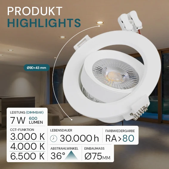LED CCT Downlight, dimmbar, schwenkbar, in Weiß, 7 W, 600 lm, 3000 - 6500 K (einstellbar), 38°, Einbaustrahler