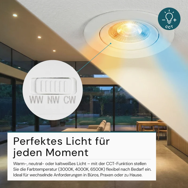 LED CCT Downlight, dimmbar, schwenkbar, in Weiß, 7 W, 600 lm, 3000 - 6500 K (einstellbar), 38°, Einbaustrahler