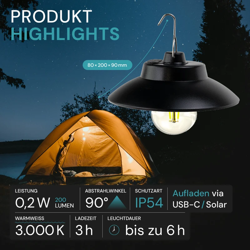 LED Hängeleuchte mit Solar & USB-C Ladung, 200 lm, 3000 K (warmweiß), Dimmbar, IP54 Wetterfest, Retro Hängelampe für Garten, Terrasse, Balkon, Campingleuchte