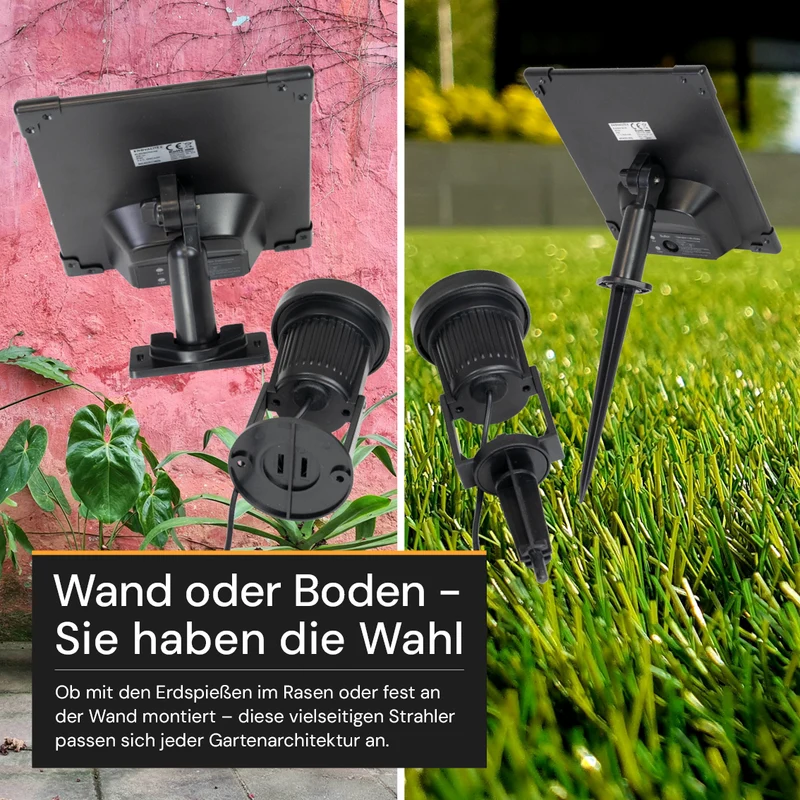 Gartenspots, IP54, 3000 K (warmweiß), 200 lm, LiFePo4 Akku, monokristallines 5 W Solarpanel, flexible Montage, mit Erdspieß