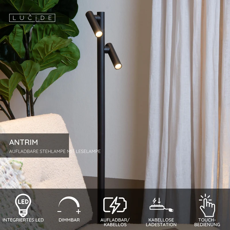 LED-Lese-Stehleuchte Antrim 2-flammig mit Akku