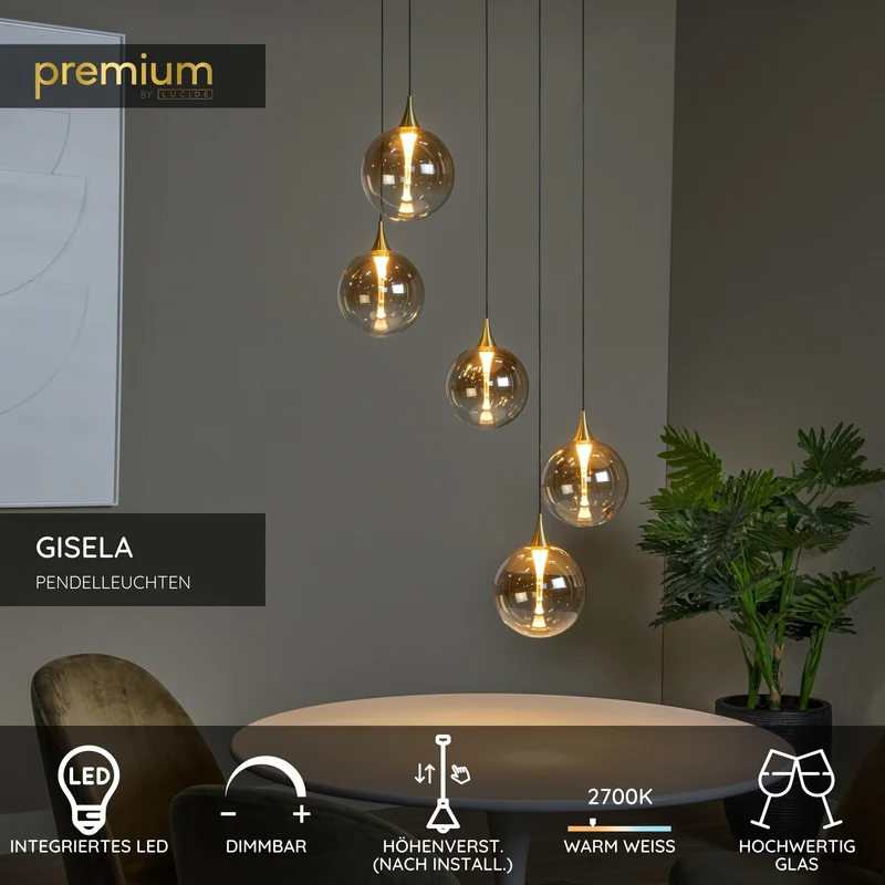 LED-Pendelleuchte Gisela 5-flammig dimmbar Glas Amber 48cm