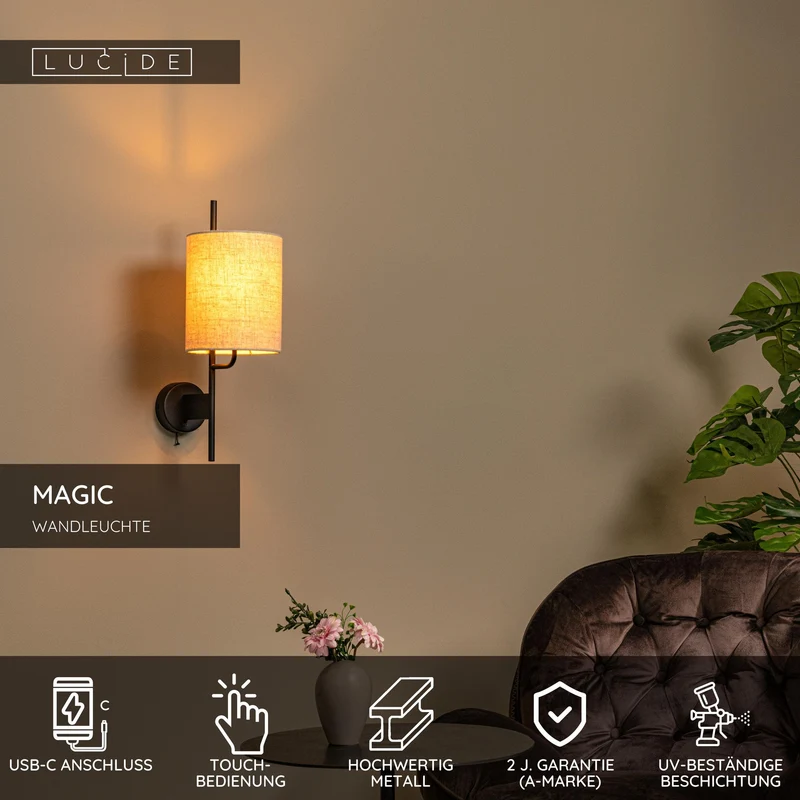 Wandleuchte Magic mit USB-Ladeanschluss und Stoffschirm Länge 18cm