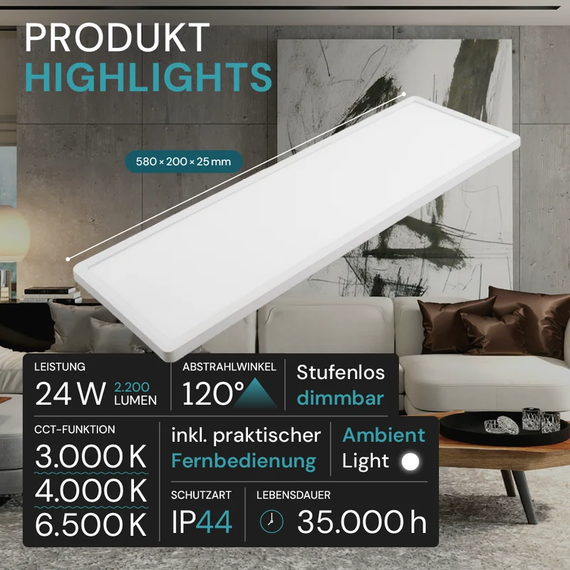 LED-Panel mit Fernbedienung, 58×20 cm, weiß, 24 W, 2200 lm, IP44 Wassergeschützt, Helligkeit und Lichtfarbe einstellbar