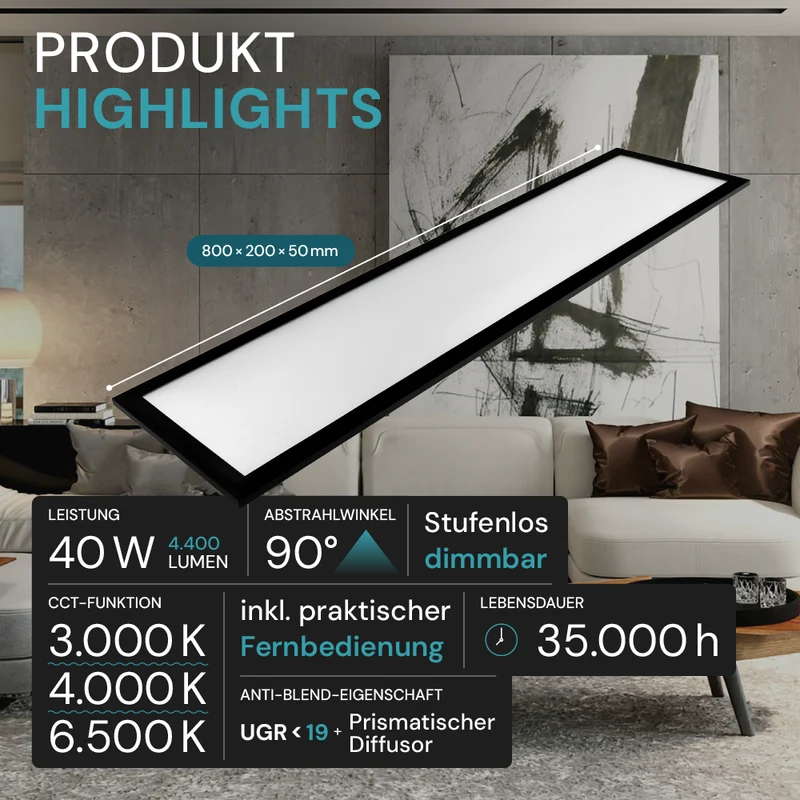 LUXULA LITEQ 80, LED-Panel mit Fernbedienung, 80×20 cm, schwarz, 40 W, 4400 lm, UGR<19, Helligkeit und Lichtfarbe einstellbar