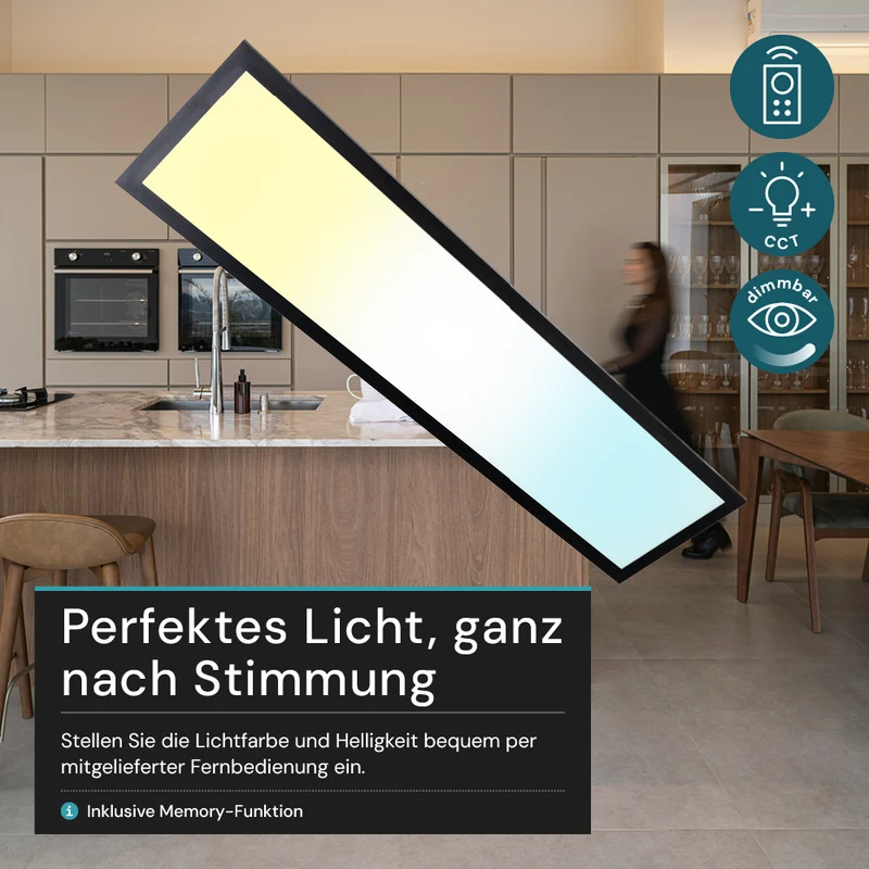 LUXULA LITEQ 80, LED-Panel mit Fernbedienung, 80×20 cm, schwarz, 40 W, 4400 lm, UGR<19, Helligkeit und Lichtfarbe einstellbar