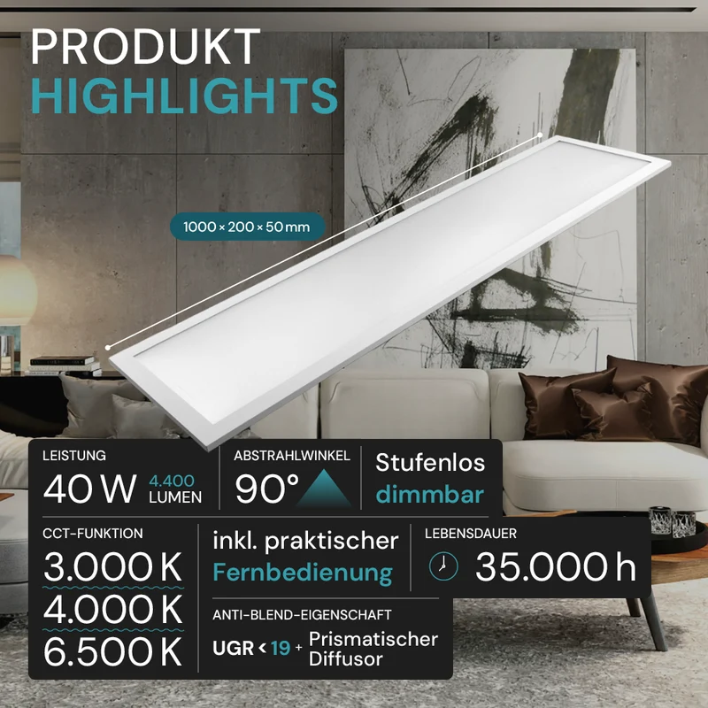 LUXULA LITEQ 100, LED-Panel mit Fernbedienung, 100×25 cm, weiß, 40 W, 4400 lm, UGR<19, Helligkeit und Lichtfarbe einstellbar