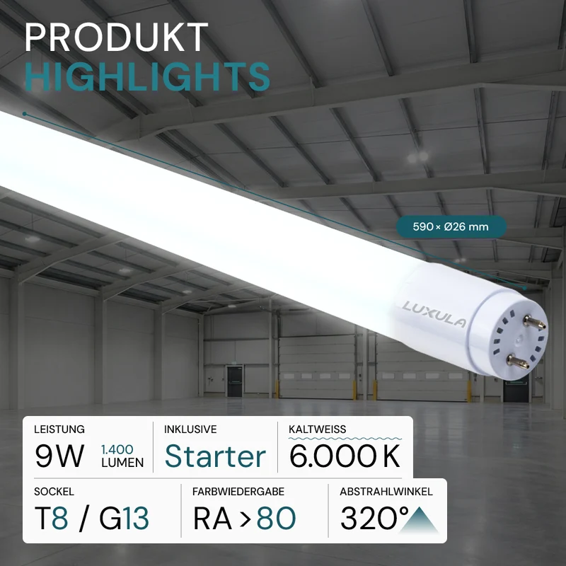 LED T8 Röhre, 60 cm, 160 lm/W, 9 W, 1400 lm, 6000 K (kaltweiß), mit Brücke, hohe Energieeffizienz