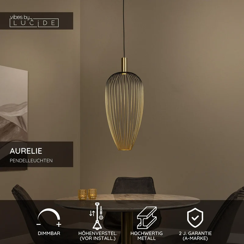 Pendelleuchte Aurelie mit Metallschirm Gold, Schwarz