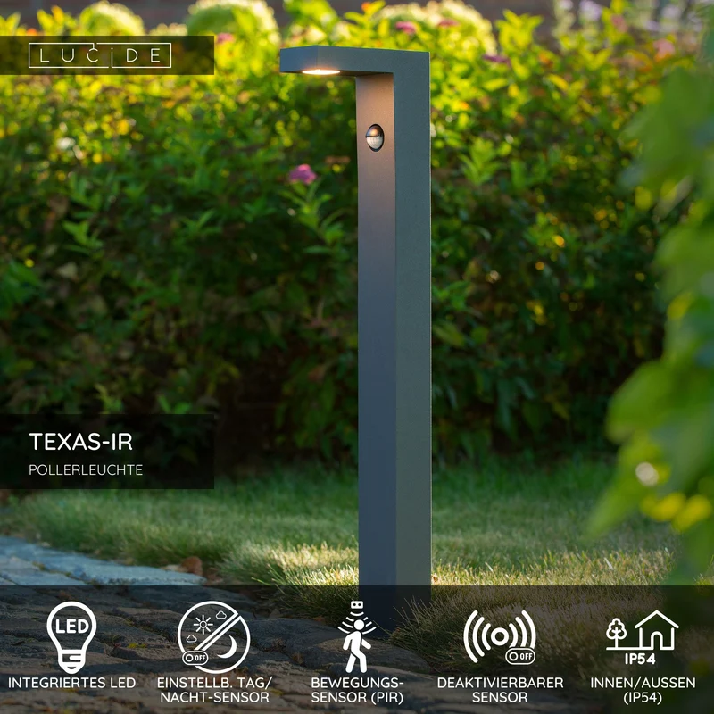 LED-Pollerleuchte Texas-Ir mit Bewegungsmelder IP54 Anthrazit
