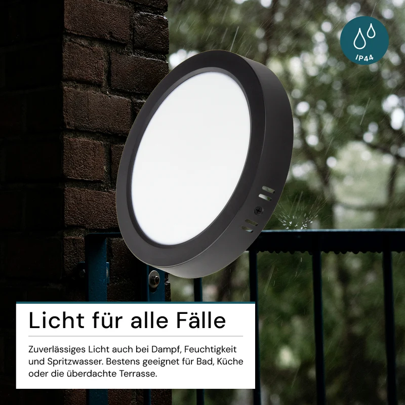 LED Aufbauleuchte in Schwarz, 6W, 230 V, IP44-geschützt, 600 lm, Lichtfarbe einstellbar, Ø109x28 mm, Deckenleuchte mit Diffusor, Badezimmerlampe