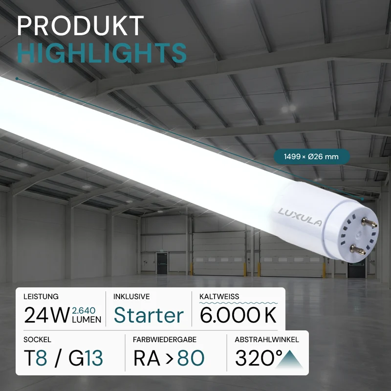 LED T8 Röhre, 150 cm, 120 lm/W, 22 W, 2640 lm, 6000 K (kaltweiß), mit Brücke