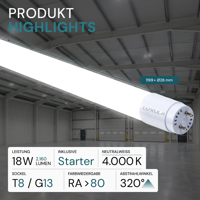 LED T8 Röhre, 120 cm, 120 lm/W, 18 W, 2160 lm, 4000 K (neutralweiß), mit Brücke