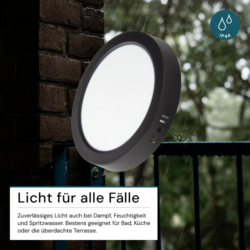 LED Aufbauleuchte in Schwarz, 24 W, 230 V, IP44-geschützt, 2400 lm, Lichtfarbe einstellbar, Ø229x34 mm, Deckenleuchte mit Diffusor, Badezimmerlampe