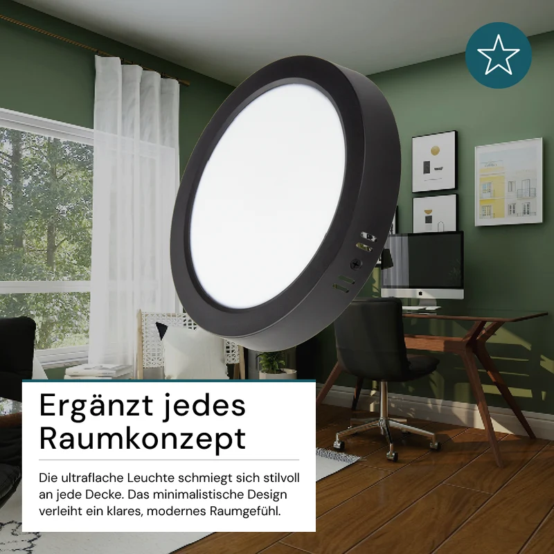 LED Aufbauleuchte in Schwarz, 24 W, 230 V, IP44-geschützt, 2400 lm, Lichtfarbe einstellbar, Ø229x34 mm, Deckenleuchte mit Diffusor, Badezimmerlampe
