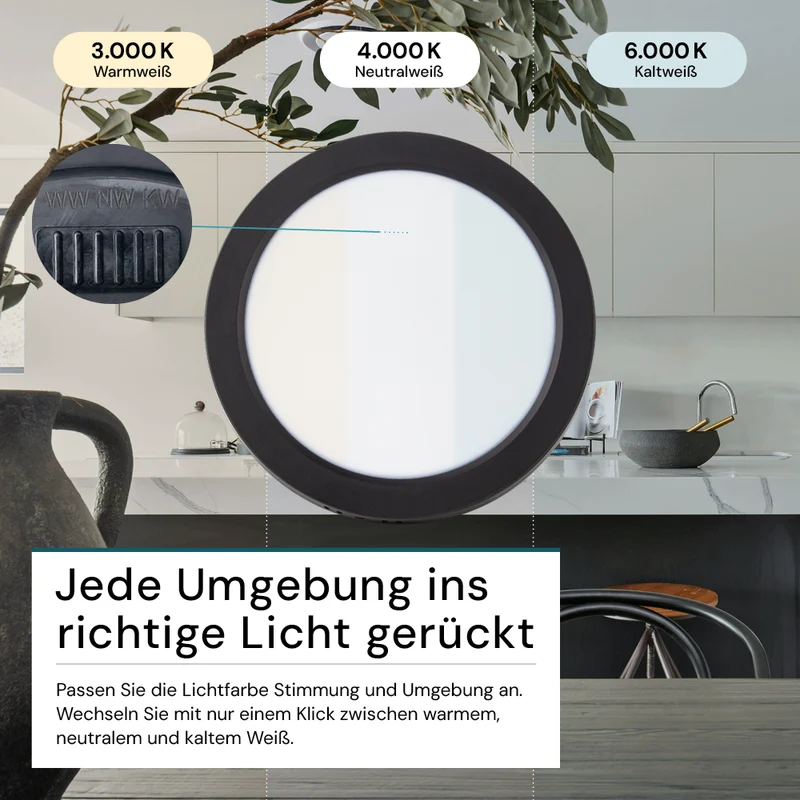 LED Aufbauleuchte in Schwarz, 12 W, 230 V, IP44-geschützt, 1200 lm, Lichtfarbe einstellbar, Ø170x34 mm, Deckenleuchte mit Diffusor, Badezimmerlampe