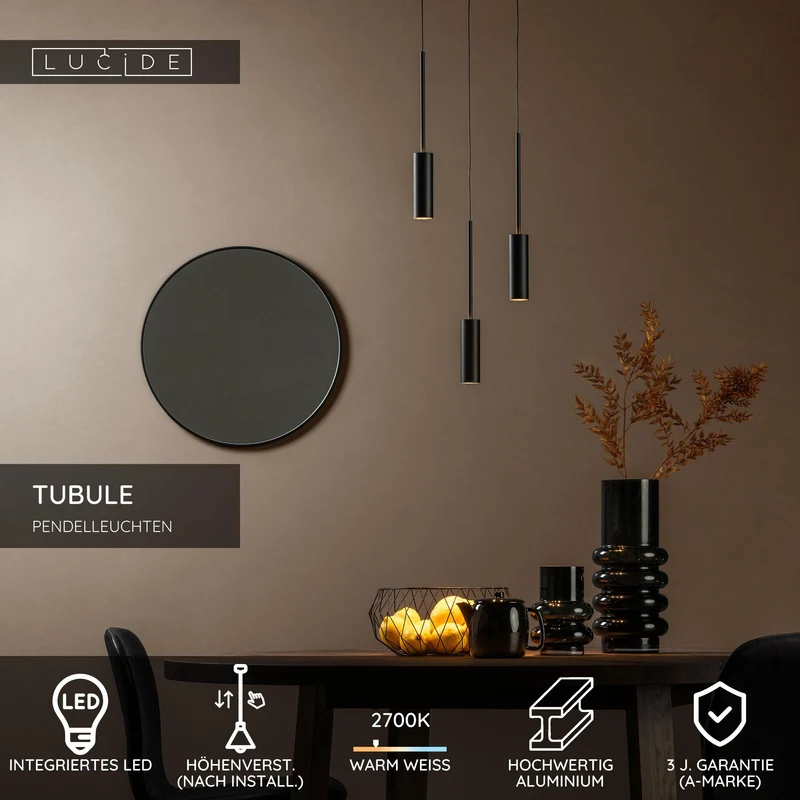 LED-Pendelleuchte Tubule 3-flammig Schwarz 26cm