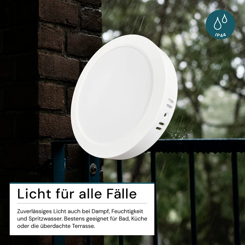 LED Aufbauleuchte in Weiß, 6W, 230 V, IP44-geschützt, 600 lm, Lichtfarbe einstellbar, Ø109x28 mm, Deckenleuchte mit Diffusor, Badezimmerlampe