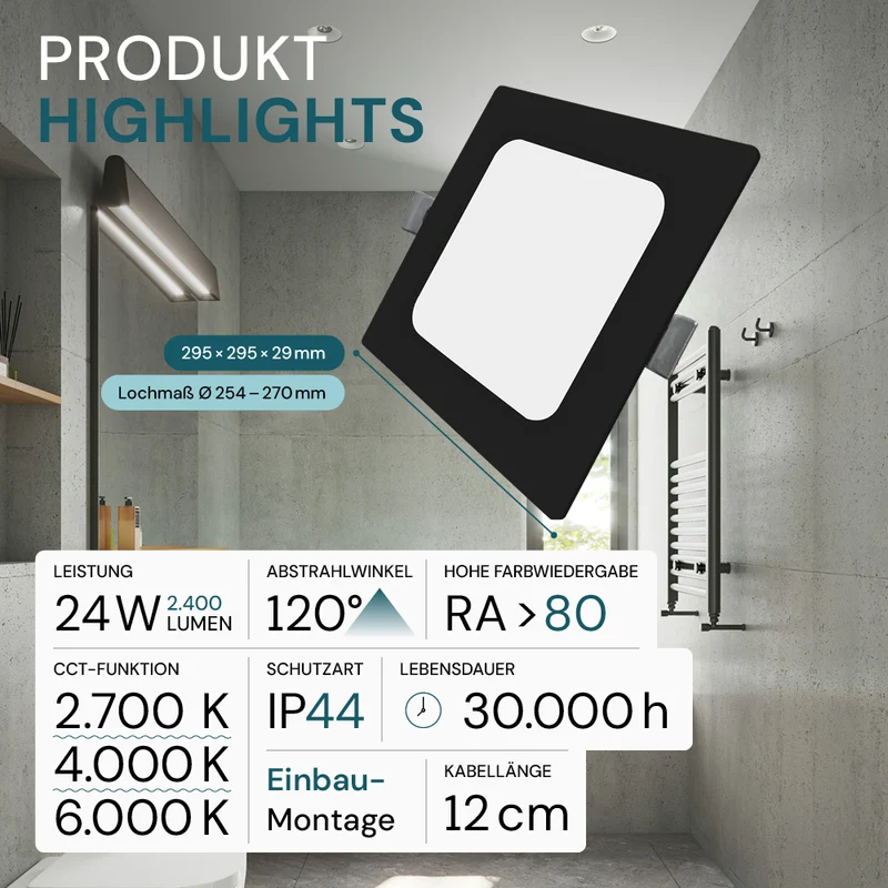 LED Einbauleuchte in Schwarz, 24 W, 230 V, IP44-geschützt, 2400 lm, Lichtfarbe einstellbar, 295x29 mm, Einbaustrahler mit Diffusor, Badezimmer Deckenleuchte