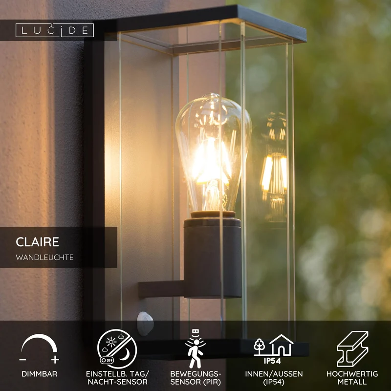 Außenwandleuchte Claire IP54 Anthrazit mit Bewegungsmelder 29cm