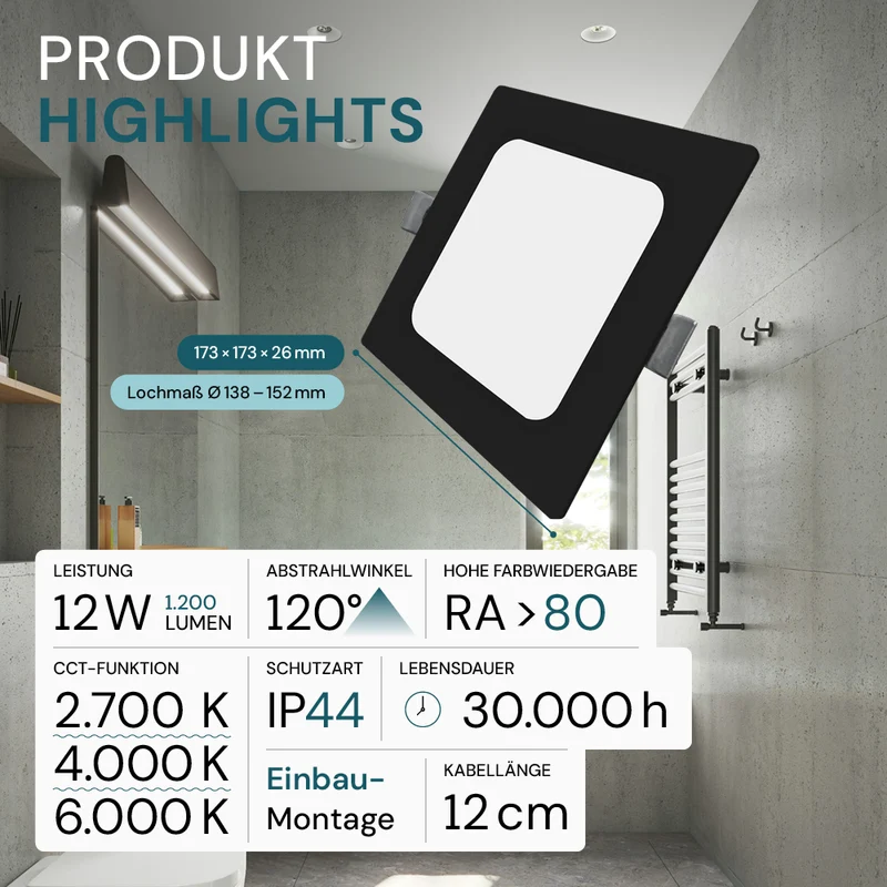 LED Einbauleuchte in Schwarz, 12 W, 230 V, IP44-geschützt, 1200 lm, Lichtfarbe einstellbar, 173x26 mm, Einbaustrahler mit Diffusor, Badezimmer Deckenleuchte