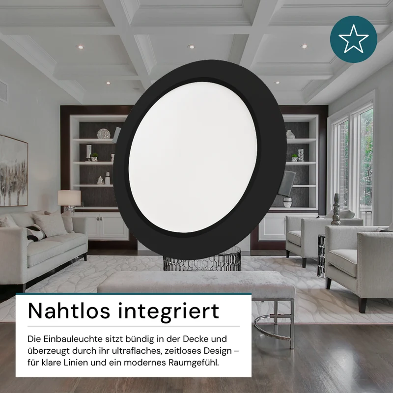 LED Einbauleuchte in Schwarz, 24 W, 230 V, IP44-geschützt, 2400 lm, Lichtfarbe einstellbar, Ø295x28 mm, Einbaustrahler mit Diffusor, Badezimmer Deckenleuchte