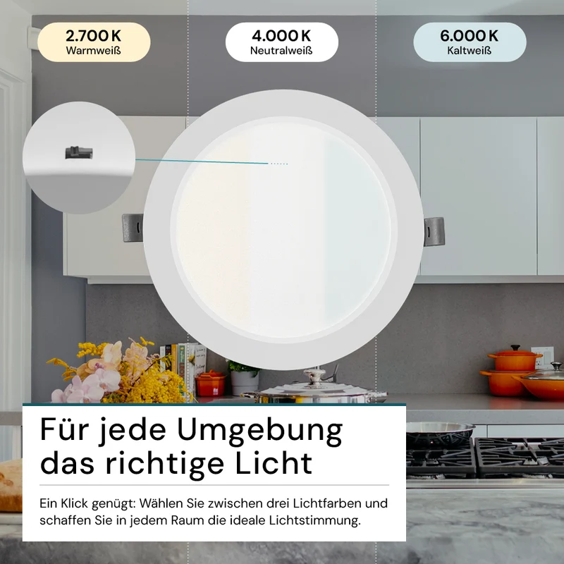 LED Einbauleuchte in Weiß, 24 W, 230 V, IP44-geschützt, 2400 lm, Lichtfarbe einstellbar, Ø295x28 mm, Einbaustrahler mit Diffusor, Badezimmer Deckenleuchte